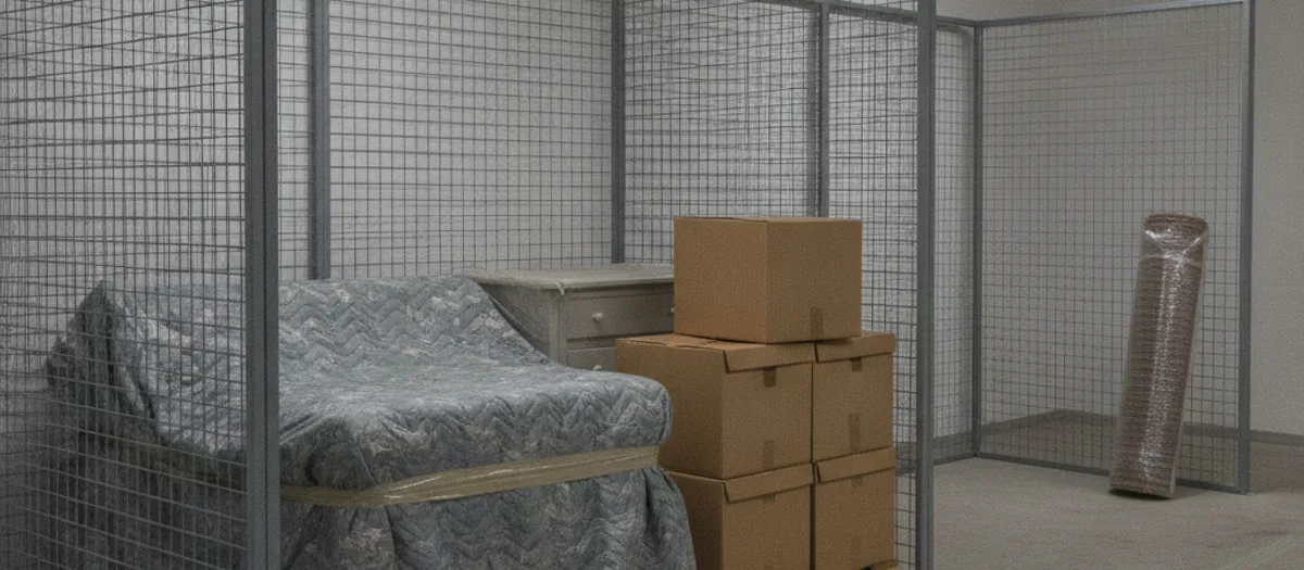 Ein Lagerabteil hinter Gittertrennwänden mit in Decken gehüllten Möbeln, gestapelten Umzugskartons und einem eingerollten Teppich auf Betonboden