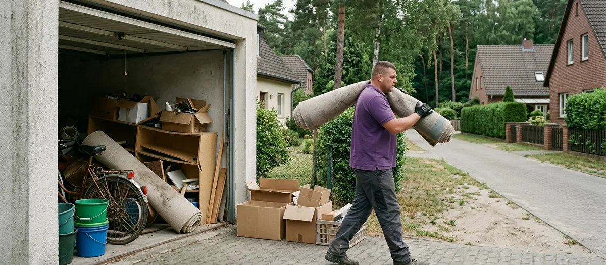 Ein Mitarbeiter trägt einen aufgerollten Teppich aus einer vollgestellten Garage, auf der Zufahrt stehen bereits sortierte Kartons und Kisten