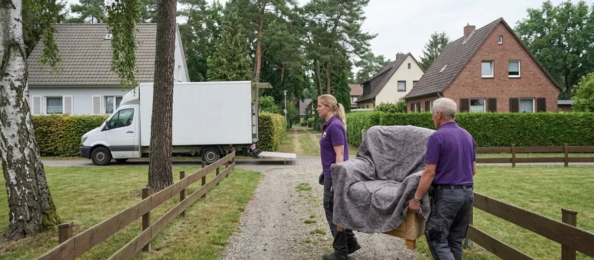 Zwei Umzugskräfte tragen einen einzelnen, in eine Decke gehüllten Sessel über einen Kiesweg, im Hintergrund wartet der weiße Kofferwagen an der Straße