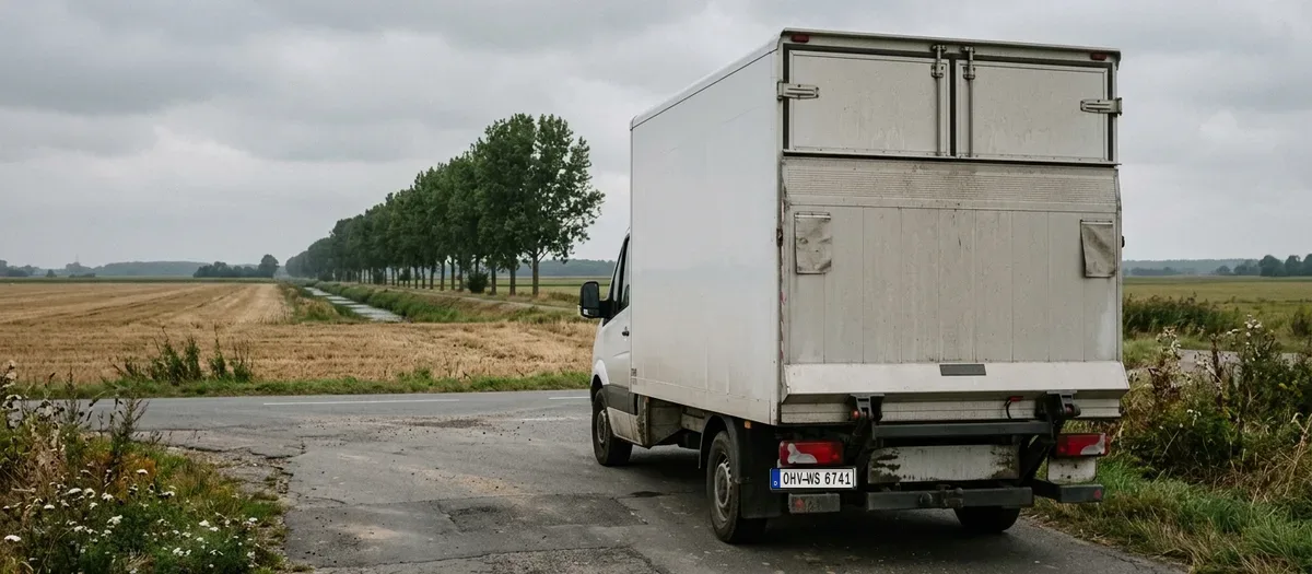 Der weiße Kofferwagen steht seitlich am Rand einer Landstraße vor einem abgeernteten Feld mit einer Pappelreihe