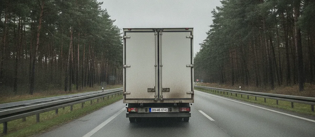 Der weiße Kofferwagen mit dem Kennzeichen OHV-WS 6741 fährt auf der rechten Spur einer Autobahn durch Kiefernwald