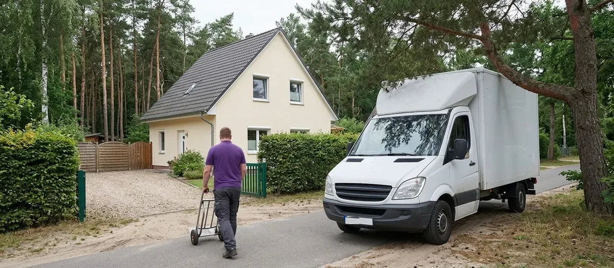 Der weiße Kofferwagen steht mit zwei Rädern auf dem Sandstreifen einer schmalen Anliegerstraße am Waldrand, ein Mitarbeiter schiebt eine leere Sackkarre zum Grundstückstor